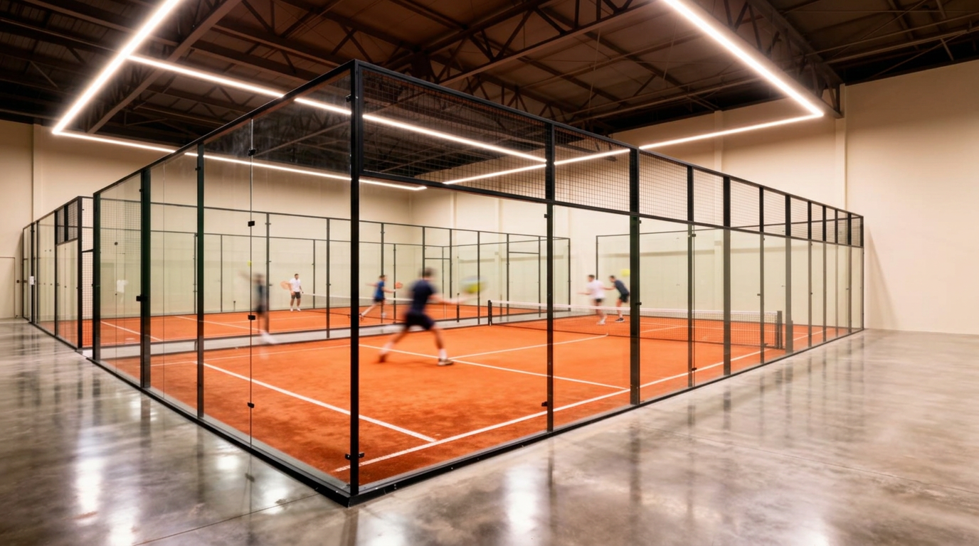 Indoor padel courts with terracotta clay surfaces and forest green walls
